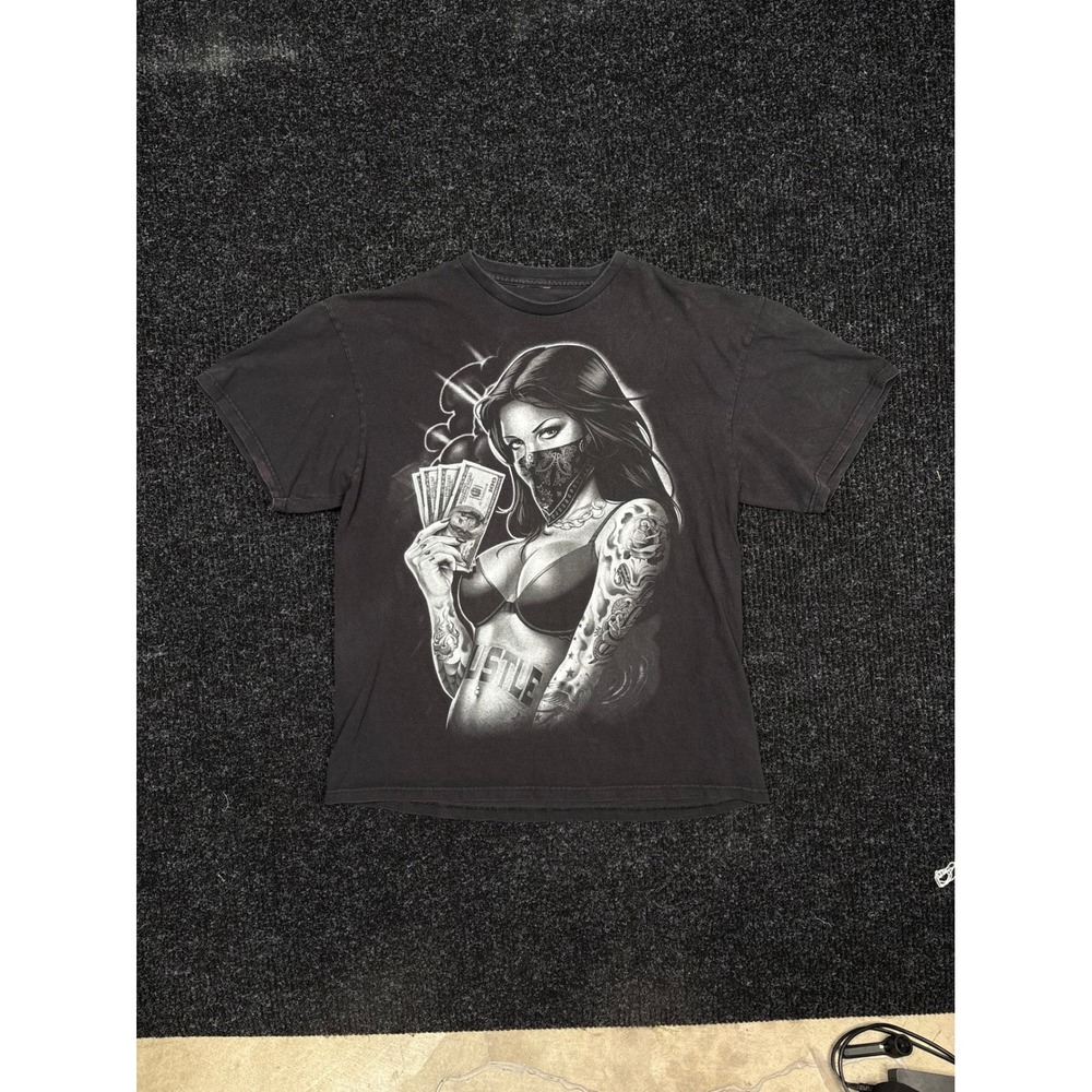 Mens Black Hustle Graphic T-Shirt Masked Woman Tattoo Money Streetwear Large
